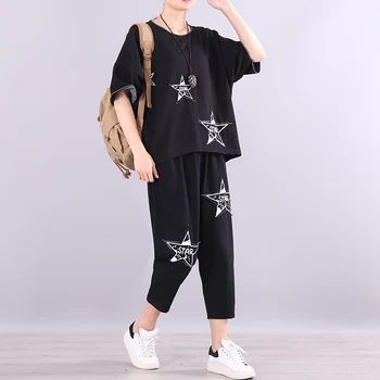 

New Loose Simple Star Sticker Bat Sleeve Foreign Style Casual Short Sleeve Two-piece Suit Tracksuit Women Two Piece Outfits