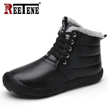 

REETENE Classic Winter Boots Men Outdoor Fur Warm Ankle Men Boots Fashion Leather Snow Shoes Lace Up Plush Footwear Plus Size 48