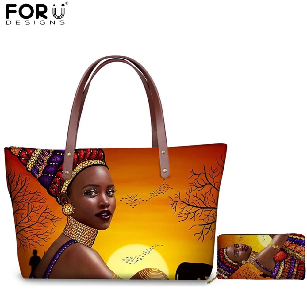 

FORUDESIGNS African Queen Girl Print Women Handbag Brand Designer Shoulder Bags for Ladies 2pcs/set Top-handle Bag Bolso Mujer