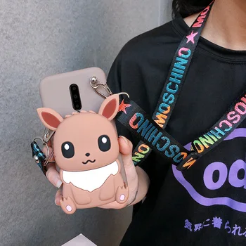

For Oneplus 7t Pro Case Soft Silicone Back Cover 1+ 6/6t Coin Pocket Phone Shell Cute Cartoon Eevee Mobile Bag 7 Pro+ Strap Gift