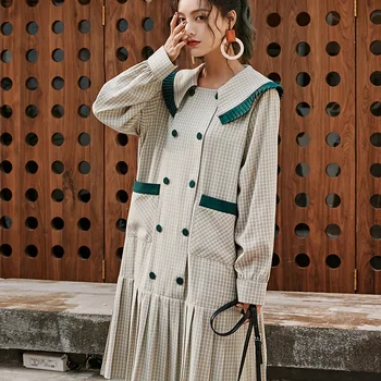 

sharezz 2020 Spring shirt dress Women Green Plaid Pleated Split dress New Lapel Loose Fit Fashion Tide vestido harajuku