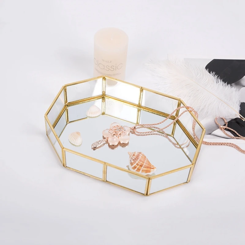 Golden Mirror Tray Cosmetic Container Jewelry Organizer Case Bathroom Storage Lipstick Necklace Desktop pantry organizer cake 4