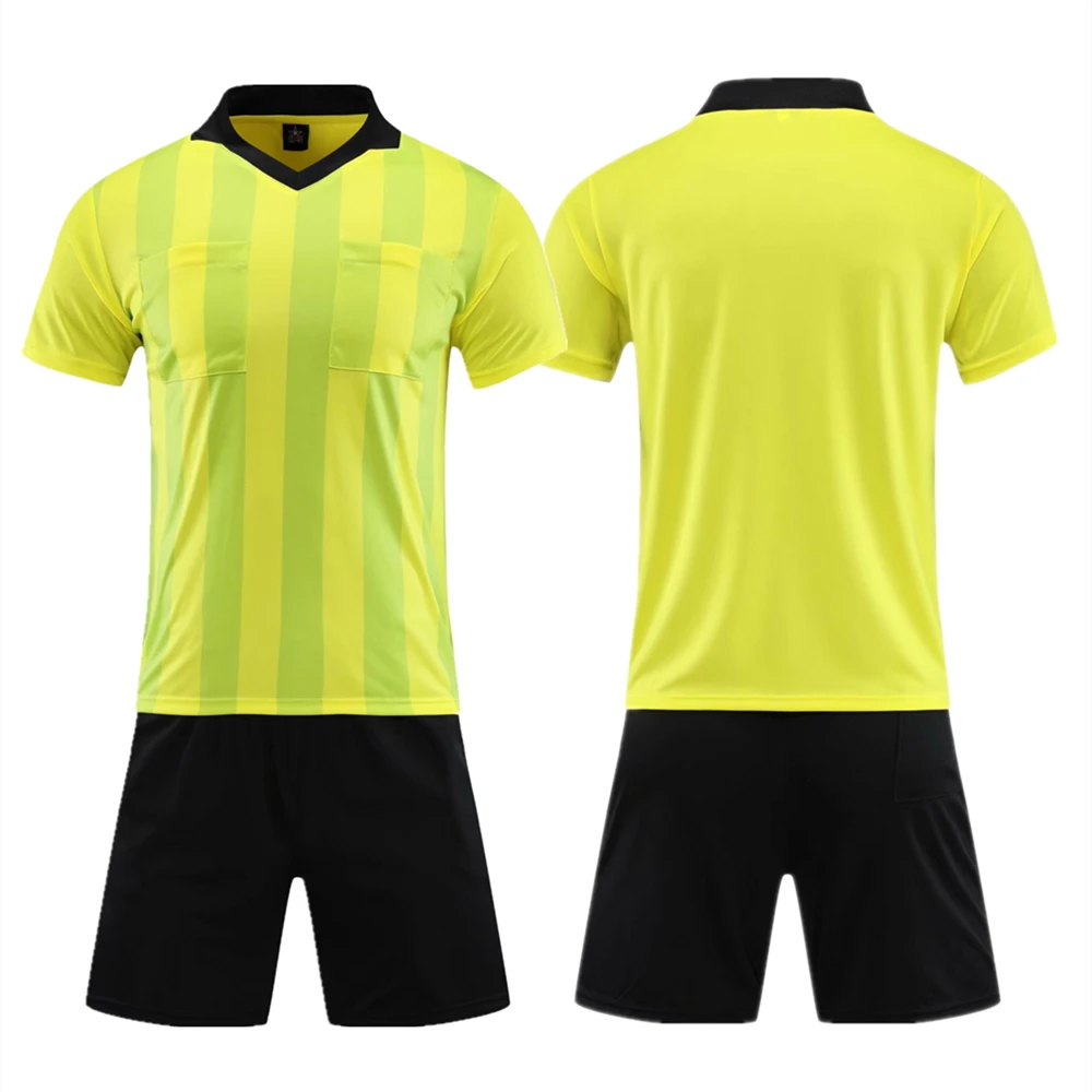 Camisa do Árbitro de Futebol Listra com Decote em v Profissional Uniforme Definir Manga Curta Juiz Camisa Três Bolsos Shorts