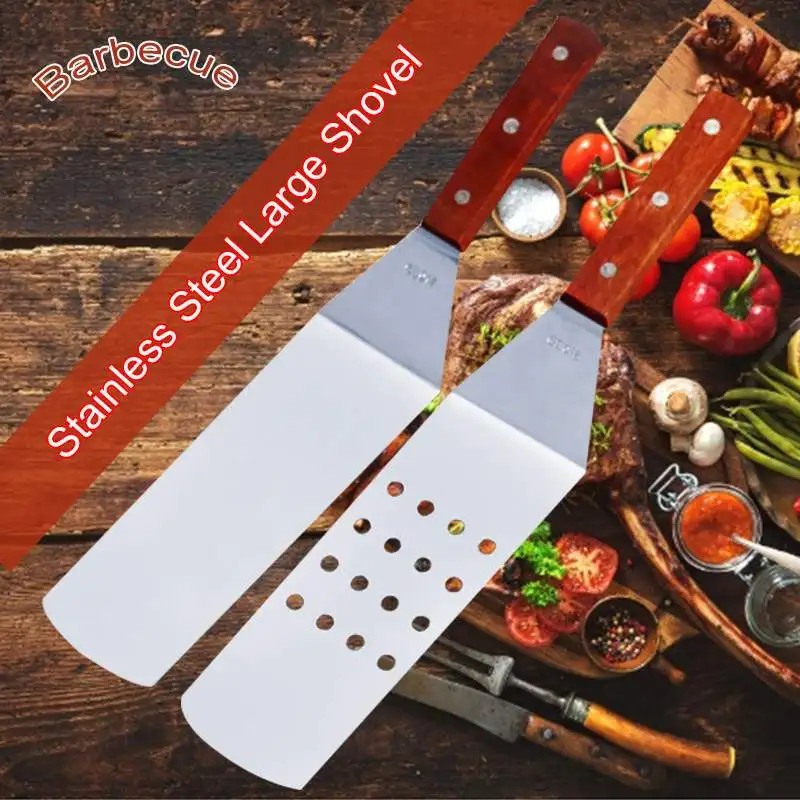  2 Pcs Stainless Steel Wooden Handle BBQ Grill Turner Spatula Kitchen Coing Utensils Accessories For