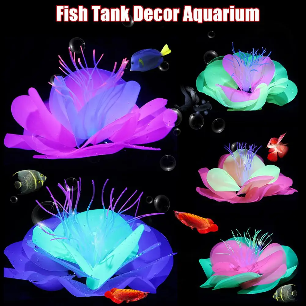 Aquarium Artificial Simulation Soft Silicone Fluorescent Flower Fish Tank Decoration Aquatic Water lily Plant Coral Ornaments