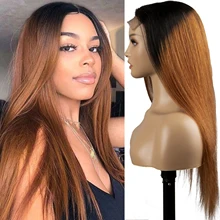 Long Straight 4x4 Lace Front Human Hair Wigs for Black Women 180% Density Ombre Brown Burgundy Remy Brazilian Wig