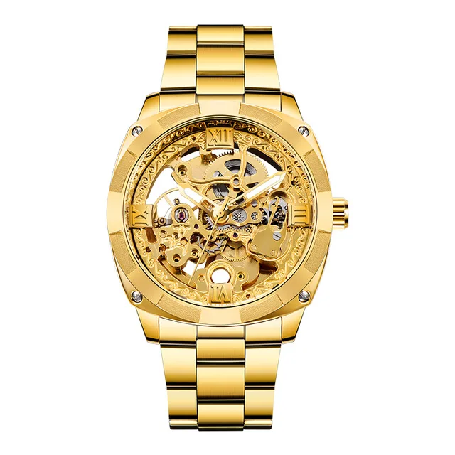 Forsining механические часы с серебряным скелетом наручные часы черные стальные автоматические часы для мужчин прозрачные часы Relogio - Цвет: gold