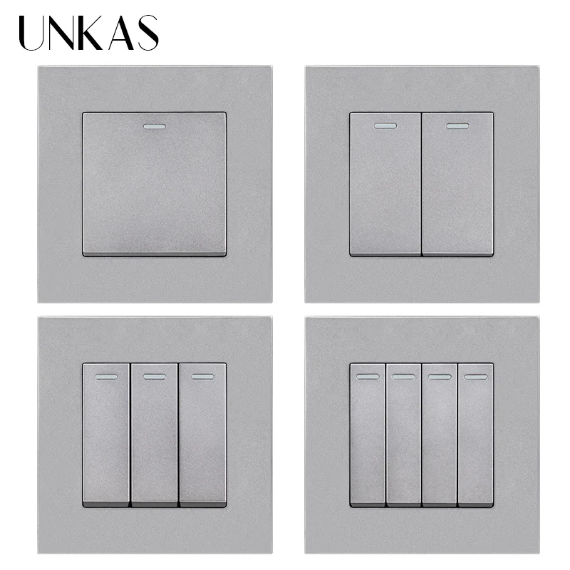 UNKAS Simple Style PC Plastic Panel 1 2 3 4 Gang 1 / 2 Way Wall Light Push Button Gray Light Switch 10A / 16A