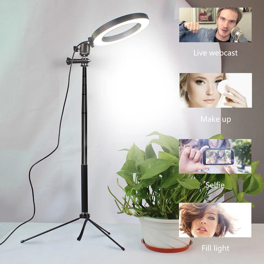 Кольцевой светильник 20/26 см светодиодный светильник для селфи с регулируемой яркостью для макияжа видео в живую студию с штативом 120-180 см и usb-разъемом