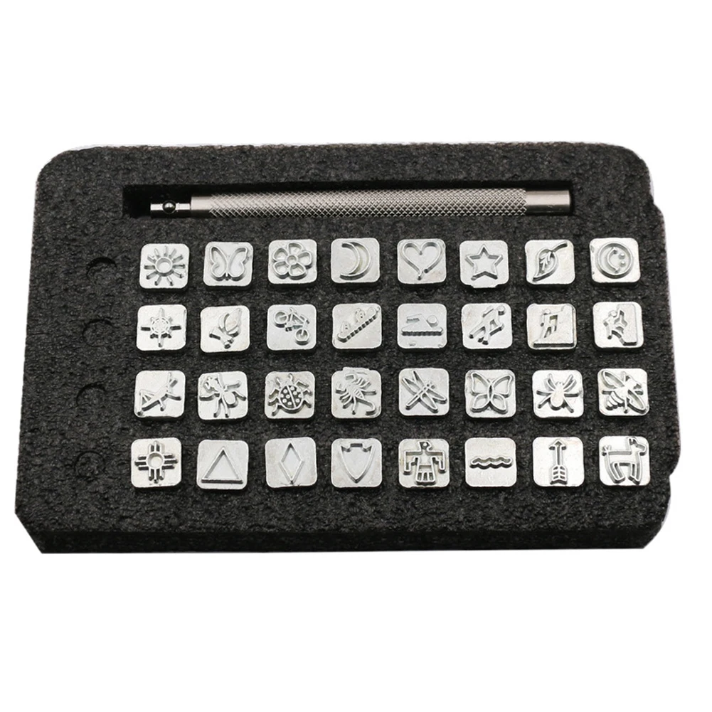 

32pcs Patterns Metal Tanning Crafts DIY Working Solid Punch Art Carving Making Stamping Tool Set Printing For Leather