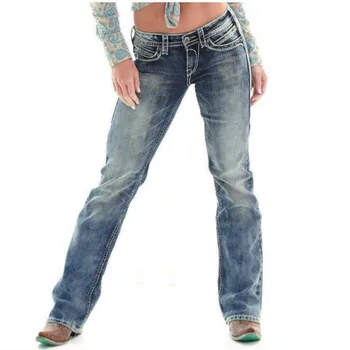 

2019 Plus Size Jeans Elastic Low Waist Wide Leg Denim Trousers Women Blue Ripped Jeans Vintage Low Waist Flare Jeans