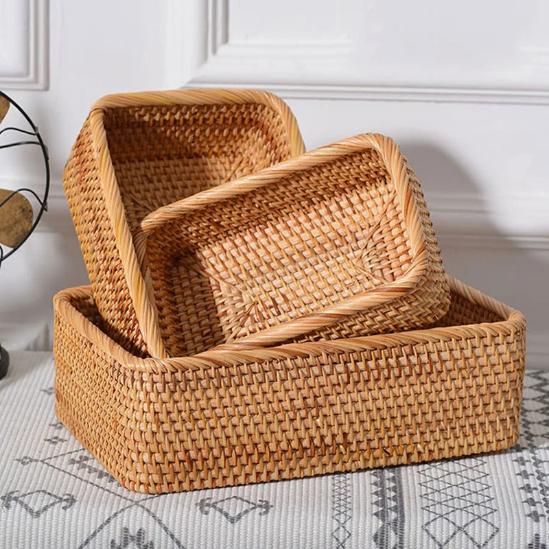 Handwoven Rattan Wicker Basket Fruit Tea Snack Bread Picnic Cosmetic
