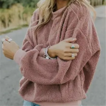

2019 Winter Fashion Women Casual Shirts Pink Long Sleeve Loose Woolen Tops O Neck Tees Plus Size T Shirt