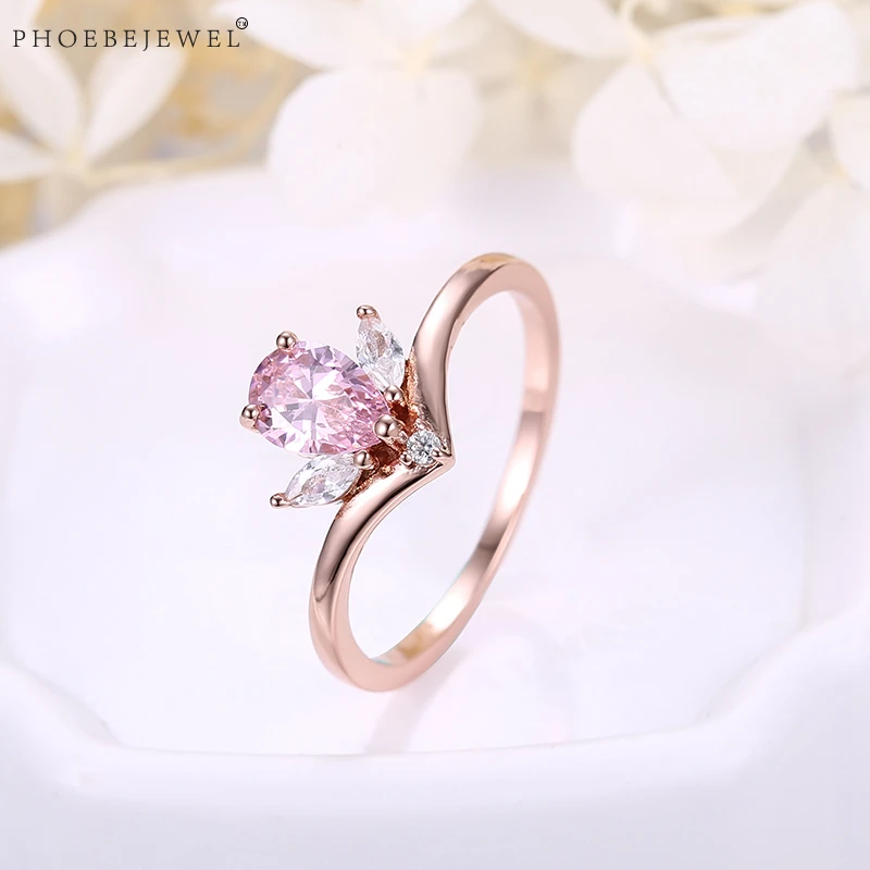 Женское кольцо с фианитом класса ААА PHOEBEJEWEL розовое золото свадебные ювелирные