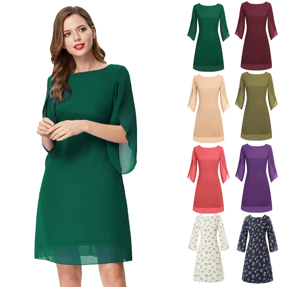 Женское двухслойное платье с рукавом 3/4 v-образным вырезом и шифоновое элегантное