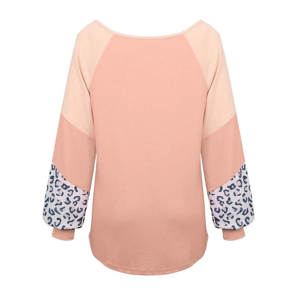 2019 ladies leopard solid color stitching long-sleeved shirt sweater 
