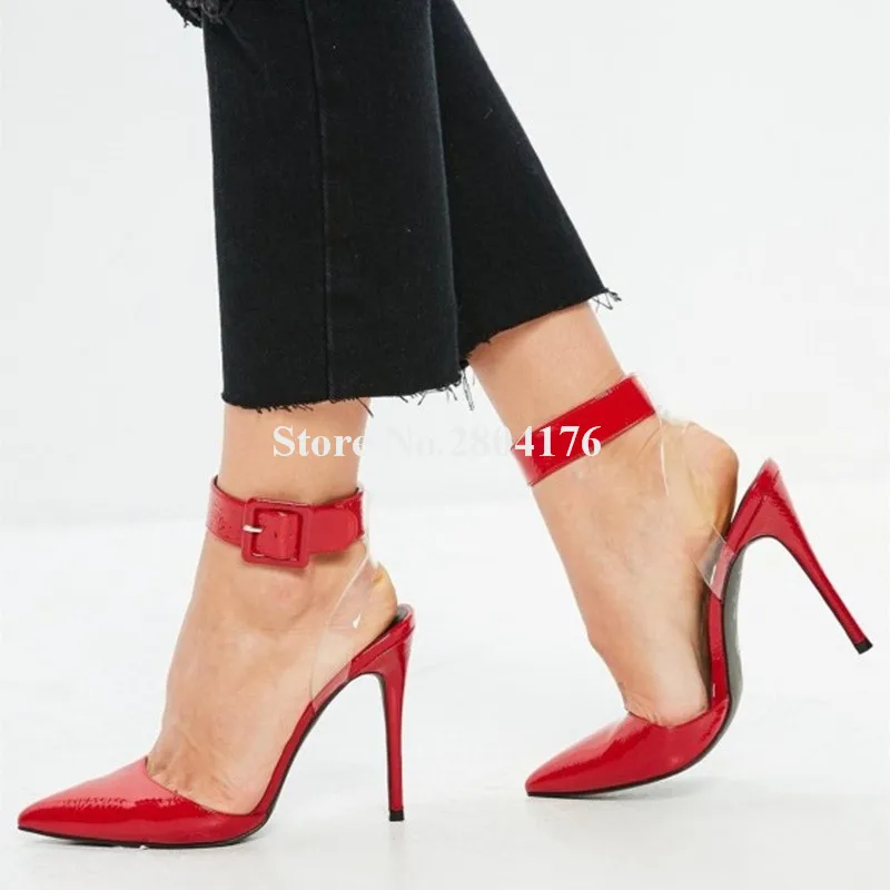 

Women Elegant Pointed Toe PVC Patchwork Stiletto Heels Pumps Transparent Straps Ankle Buckles Red High Heels Big Size Heels