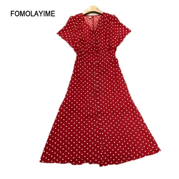 

Summer 2020 New Fashion Women Dresses V-neck Short-sleeved Waist Wave Dot Dress