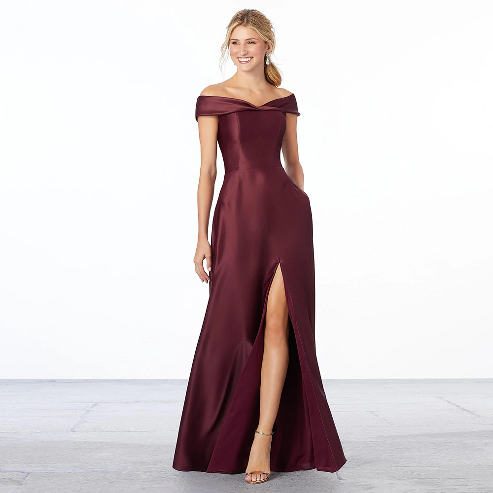 

Classic satin off-the-shoulder bridesmaid dresses A-Line floor length thigh-high slit high quality customize bridals dress