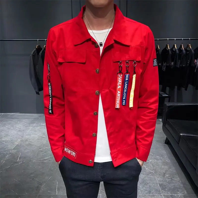 

19 Spring And Autumn Korean-style Thin Slim Fit MEN'S Jacket BOY'S Jeans Coat Black And White with Pattern Versatile Casual