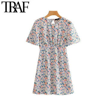 

TRAF Women Chic Fashion Floral Print Backless Mini Dress Vintage O Neck Short Sleeve Female Dresses Vestidos Mujer