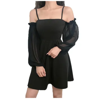 

Fashion Women Sling Strapless Dresses Puff Sleeve Mesh Splicing A-Line Dress Lady Clothes Full Sleeve Halter Collar Dresses Robe