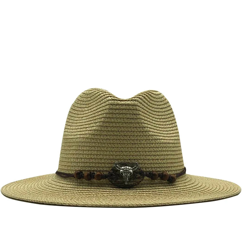 Coucoland Panama Summer Hats for Men Straw Beach Sun Jazz Cap Linen Panama Hat Holiday Traveling Flat Hat for Men Khaki, Straw+PU Belt 