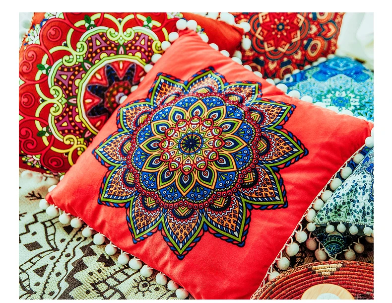 Красная наволочка мандала, Цветочная подушка, мягкий бархат, 45X45 см/50x50 см, помпон, бахрома, украшение для дома - Цвет: E