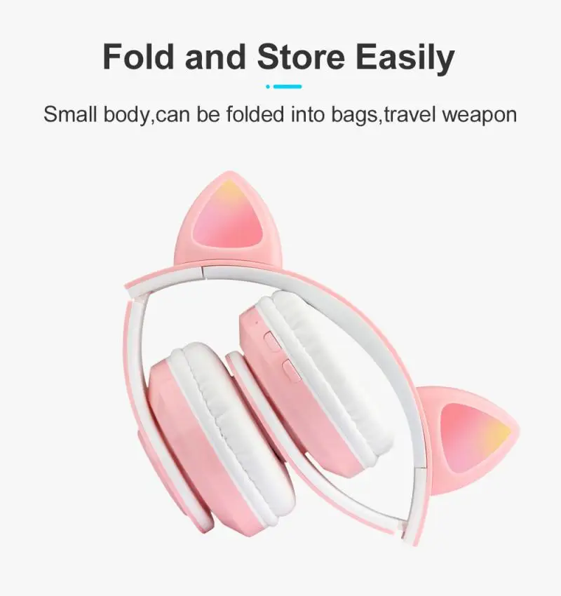 5 0 Bluetooth Headphones Wireless Over Ear Cat Ear Earphone With RGB Led Light Foldable Volume Control Stereo Gaming Headset