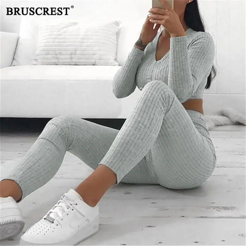 2019 Sexy Two Piece Set Conjunto Feminino Tracksuit Crop Top Women Joggers Legging Sweater Sets Knit Fall Outfits |