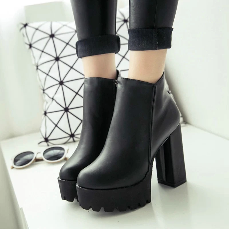 Botines con cremallera lateral para mujer, botas con plataforma de tacón alto grueso de 10/12 Cm, zapatos de invierno, Botines negros