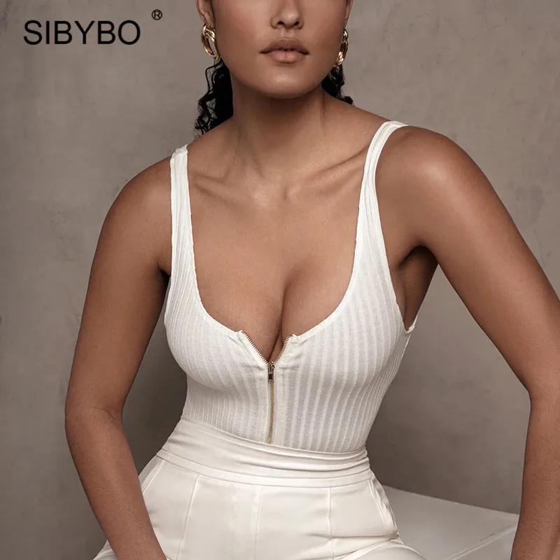 SIBYBO Knitted Zipper Sexy Bodysuit Women Summer V Neck Spaghetti Strap Rompers Jumpsuit Black Elastic Skinny Body Tops Overalls SIBYBO Knitted Zipper Sexy Bodysuit Women Summer V Neck Spaghetti Strap Rompers Jumpsuit Black Elastic Skinny Body Tops Overalls