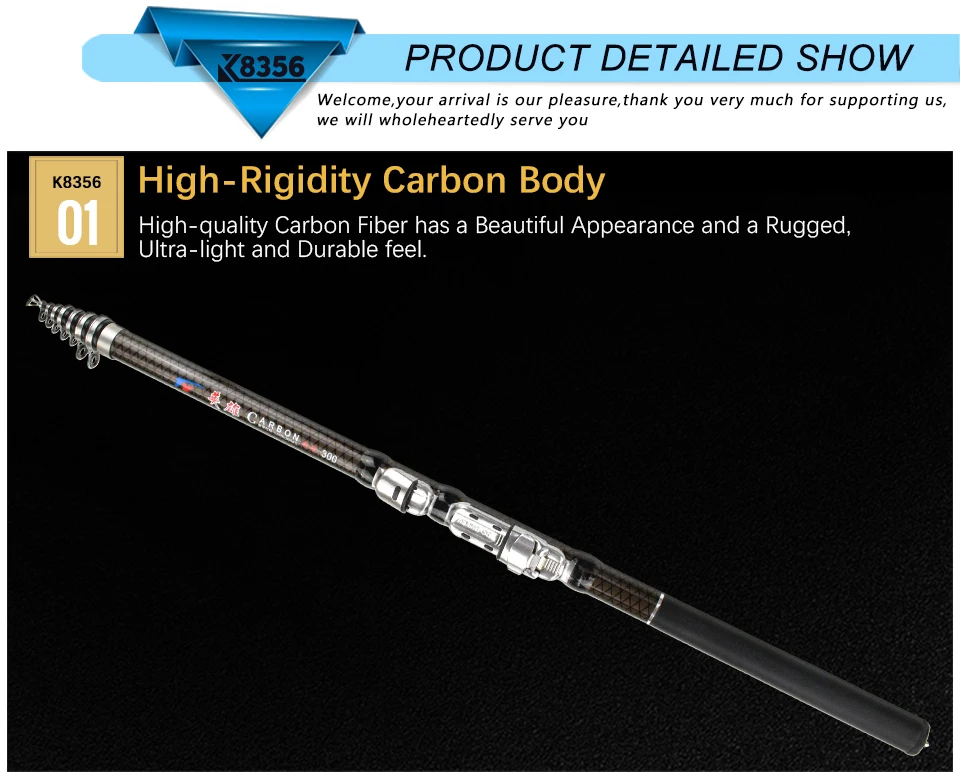 K8356 30T Carbon Spinning Telescopic Rock Fishing Rod 1.8 2.1 2.4 2.7 3.0 3.6M MH Power Carp Feeder Rod High Quality Hand  Pole (10)