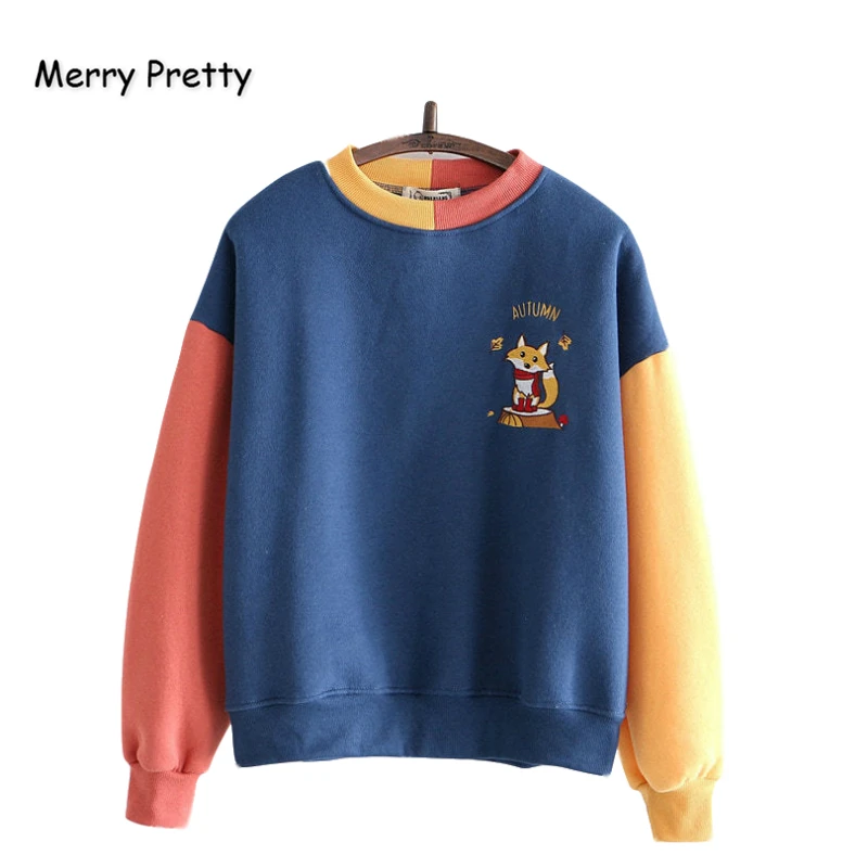 Merry Pretty женские толстовки с вышитой лисой из мультфильма из кусков, толстовки зимние Бархатные пуловеры с длинным рукавом и круглым вырезом