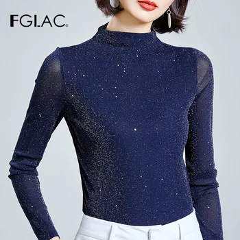 

women t-shirt New 2019 Autumn long sleeve Mesh tops Elegant Slim Solid color t-shirt plus size female blusas