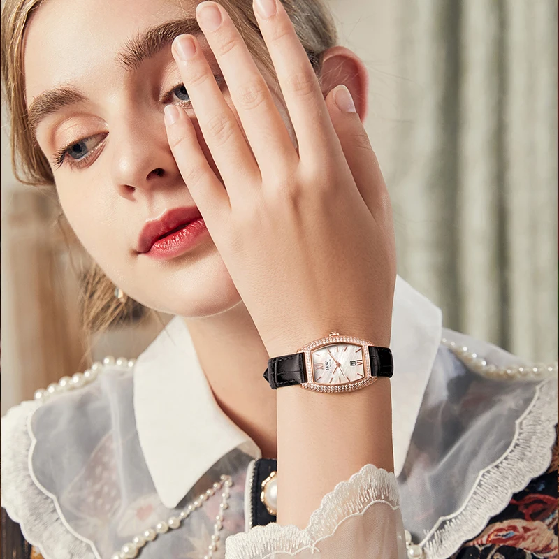 Relojes Para Mujer I&W New Switzerland Made Tonneau Quartz Watch Women Sapphire Calendar Leather Waterproof Ladies Watches 2021