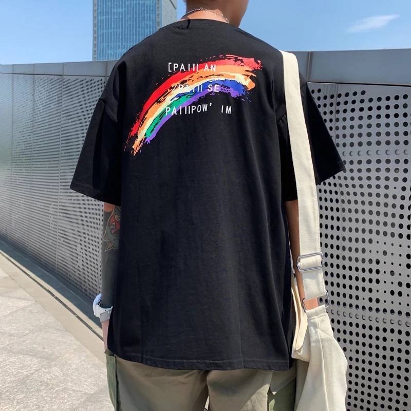

Rainbow Kpop Minimalist Style Couples Men's Tshirt Cool Harajuku Crew Neck Popular Pullover Youth Personalized Hight Street Top