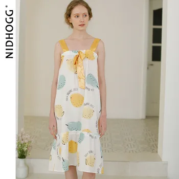 

2020 Women's Korean-Style Fresh Satin Printing Bow Dungaree Dress Sleeveless Spaghetti Strap Nightdress Long Nightgown Sleepwear