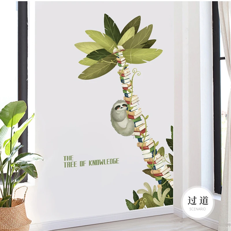 Creative Sloth And Books Tree Wall Stickers Library Decal Children's Room Decor Study Classroom Decoration Nursery Vinyl Posters