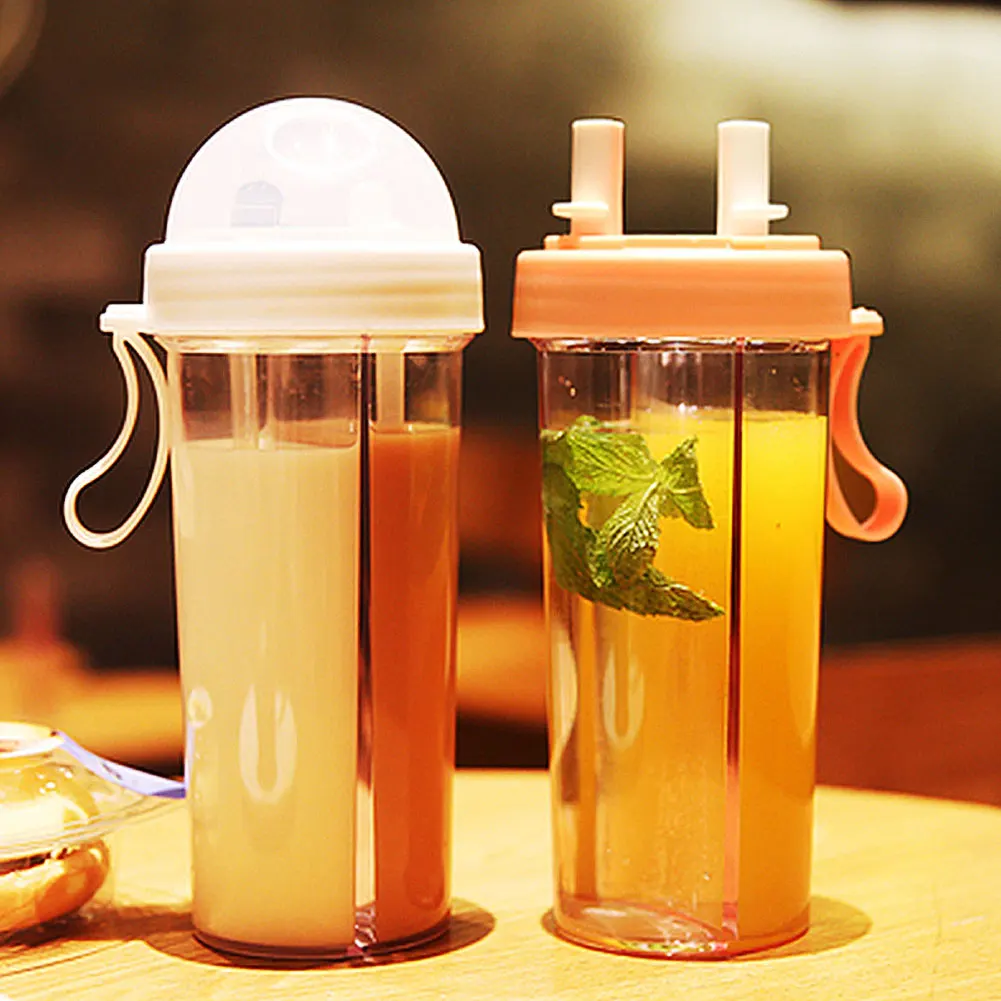 Sport Water Bottle 600/420ml Portable Dual Straw Separate Drink Water Bottle Couples Sport Cup