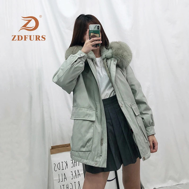 ZDFURS* парка натуральный мех пальто зимняя куртка женская натуральный Лисий мех воротник с капюшоном кролика рекс верхняя одежда на подкладке съемная