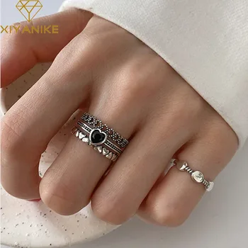 

XIYANIKE 925 Sterling Silver Width Rings for Women Couples Vintage Trendy LOVE Heart Multilayer Thai Silver Jewelry Party Gifts