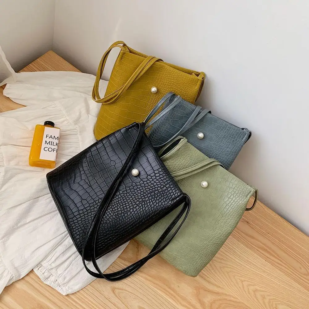 

Pearl Embossed Leather Shoulder Bags For Women 2019 Leather Solid Color Crocodile Pattern Tote Versatile Shoulder Bags #15