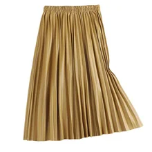 

New High Waist Faux Leather Skater Flare Casual Long Midi Length Solid Color Black Skirt Women Pleated Faldas Mujer