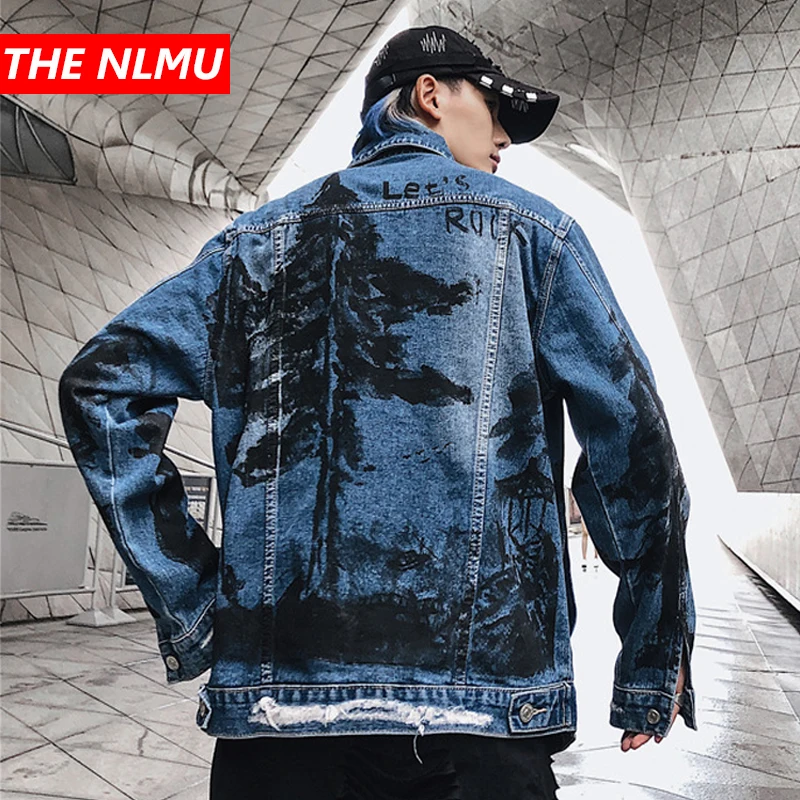 

Vintage Denim Jacket Men Ripped Hole Hip Hop Jeans Jackets Streetwear Fashion 2019 Creative Printing Denim Coats WG495