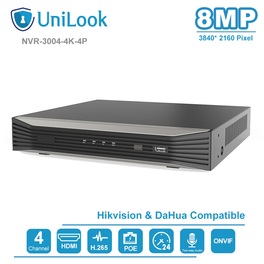 

UniLook 4K Resolution 4CH POE NVR NVR3004-4K-4P 4 Channel Plug&Play Network Video Recorder H.265 4 POE Ports 1-ch HDMI Up to 8MP