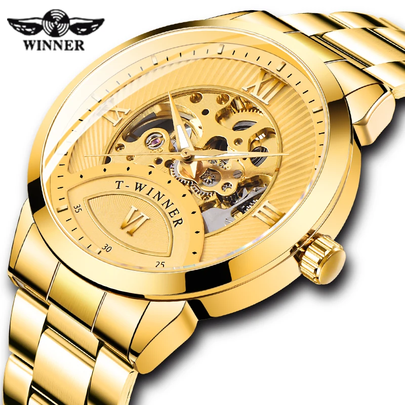 

Luxury WINNER Mens Automatic Mechanical Watch Golden Skeleton Business Stainless Steel Luminous Male Watches Relogio Masculino