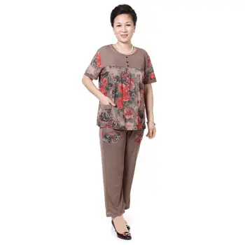 

Middle Aged Women Summer Casual Twinset Coffee Green Short Sleeve Blouse And Pant Suit 2 Pieces Trouser Set Mother Casual Suits