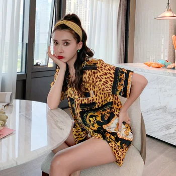 

Women Lapel Cardigan Sleepwear 2020 Spring And Summer Short-Sleeved Leopard-Print Pajamas Casual Thin Negligee Home Service