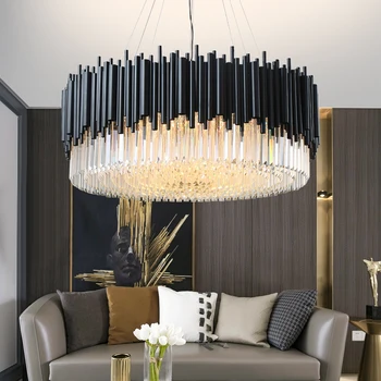 

Black Modern Chandelier Lighting Lamps Large Home Decor Light Fixtures Luxury Cristallo Lampadario Living Room Round Crystal E14